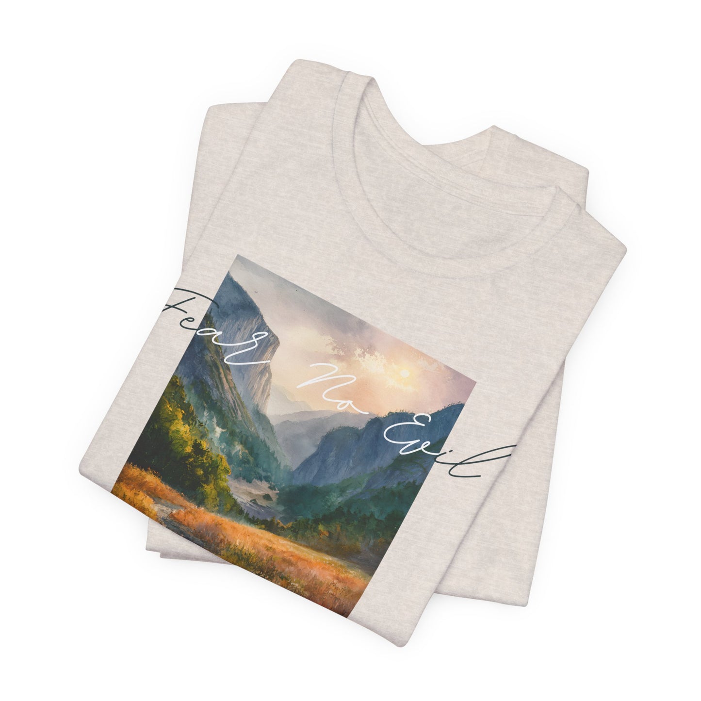 "Fear No Evil" Christian Tee | Psalm 23:4 Inspirational Shirt | Faith-Based Landscape Graphic Tee