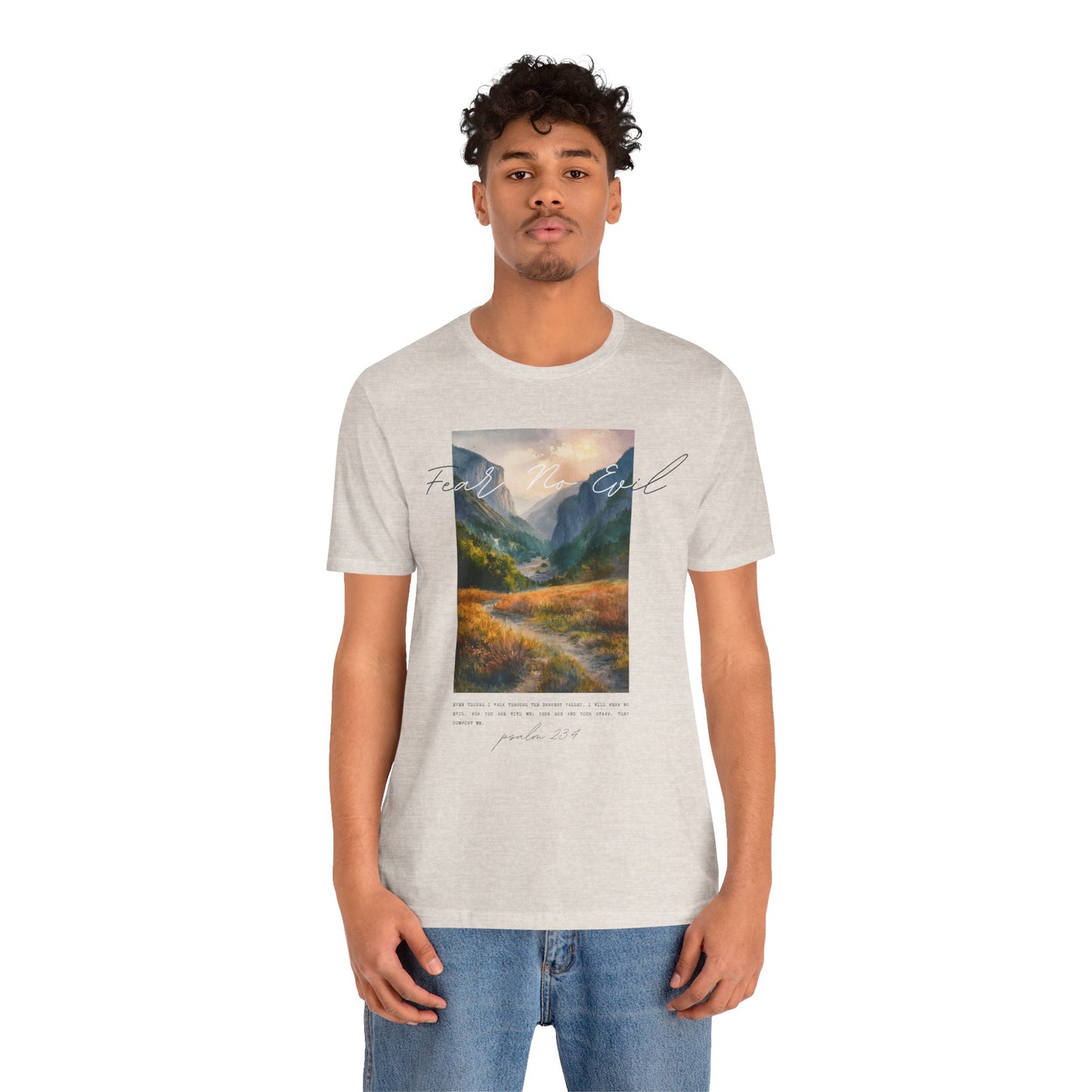 "Fear No Evil" Christian Tee | Psalm 23:4 Inspirational Shirt | Faith-Based Landscape Graphic Tee