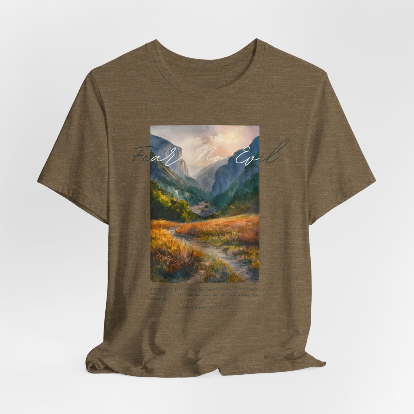 "Fear No Evil" Christian Tee | Psalm 23:4 Inspirational Shirt | Faith-Based Landscape Graphic Tee