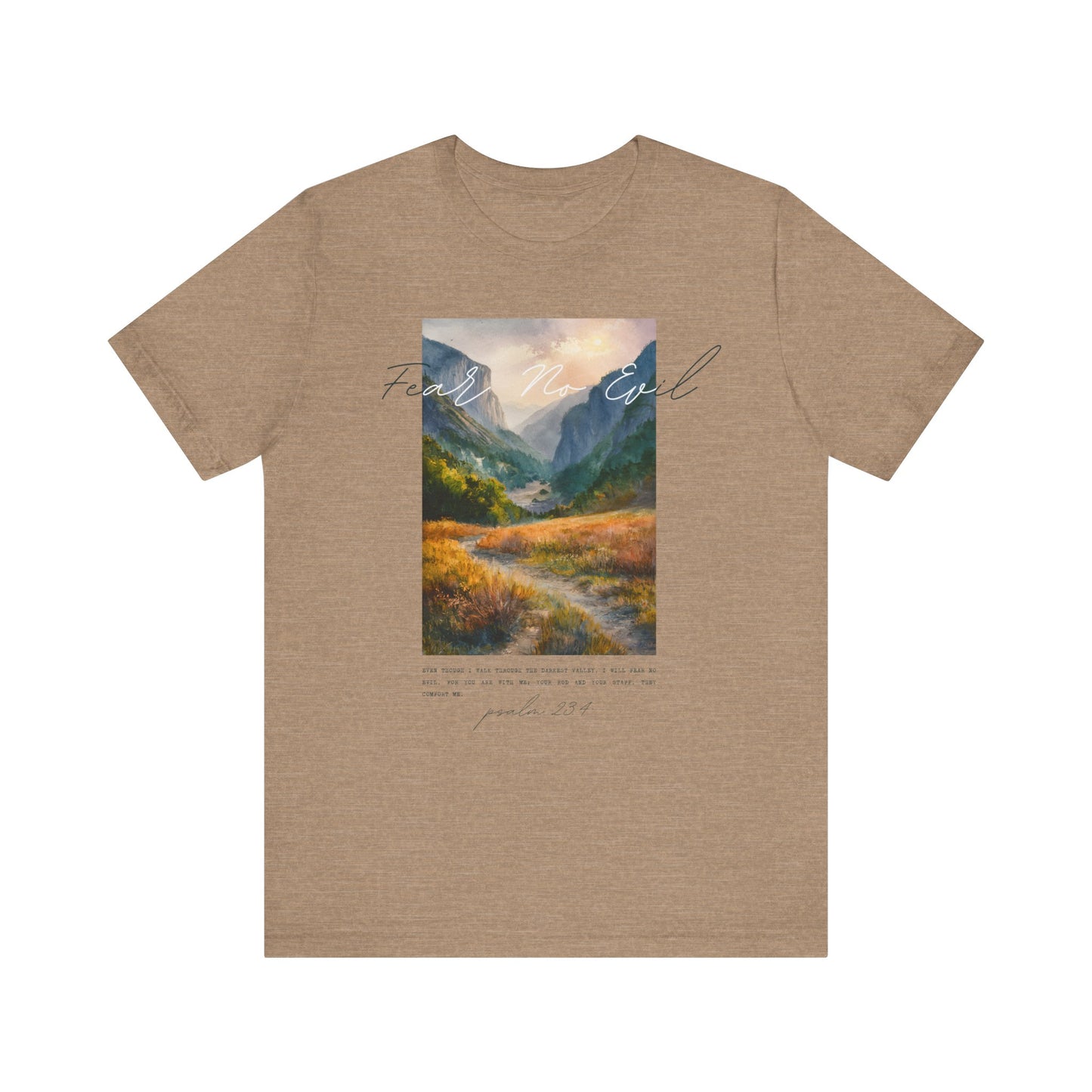 "Fear No Evil" Christian Tee | Psalm 23:4 Inspirational Shirt | Faith-Based Landscape Graphic Tee