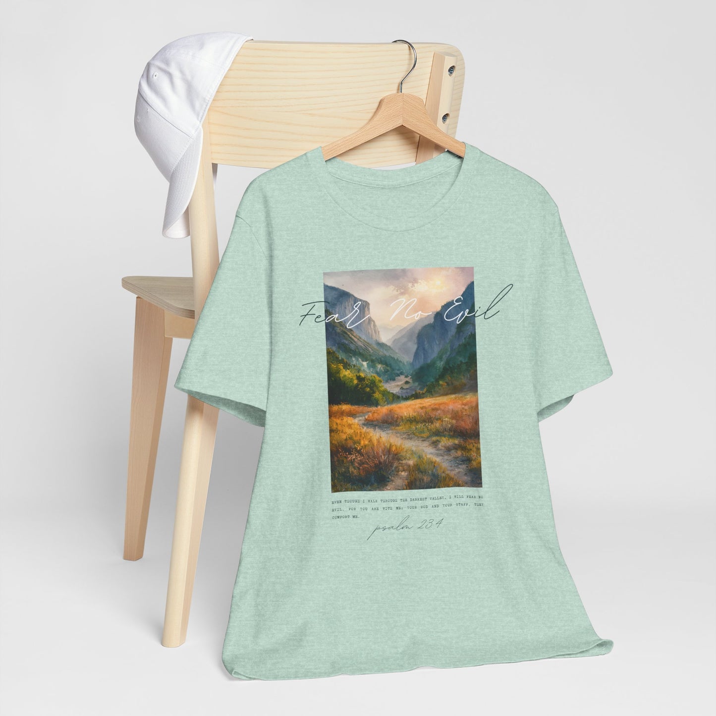 "Fear No Evil" Christian Tee | Psalm 23:4 Inspirational Shirt | Faith-Based Landscape Graphic Tee