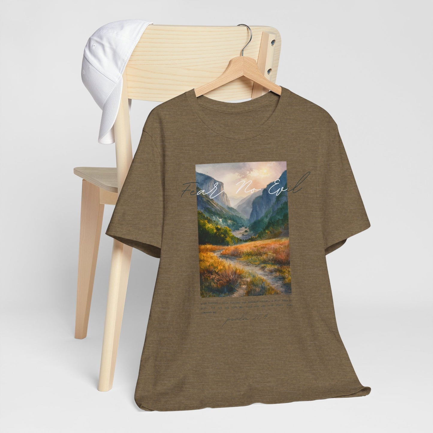 "Fear No Evil" Christian Tee | Psalm 23:4 Inspirational Shirt | Faith-Based Landscape Graphic Tee