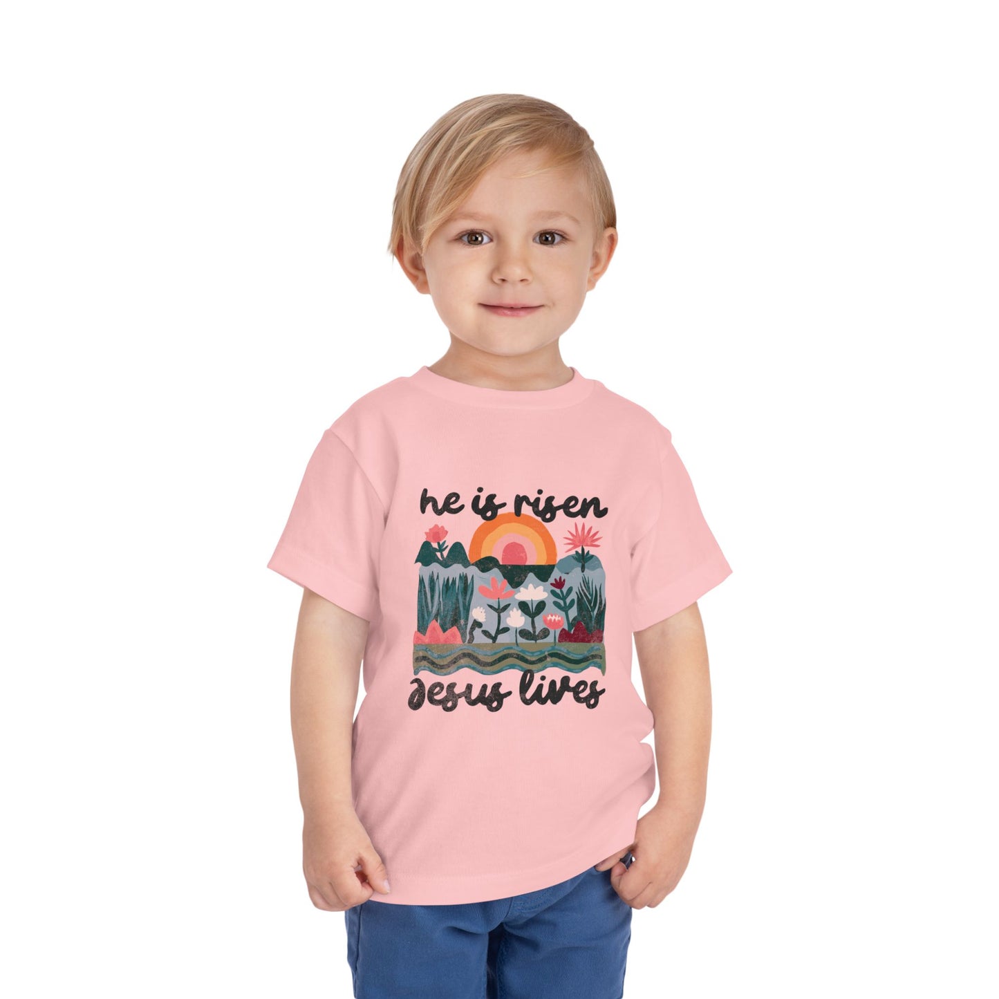 Toddler Short Sleeve Tee - "He is Risen, Jesus Lives" Inspirational Design