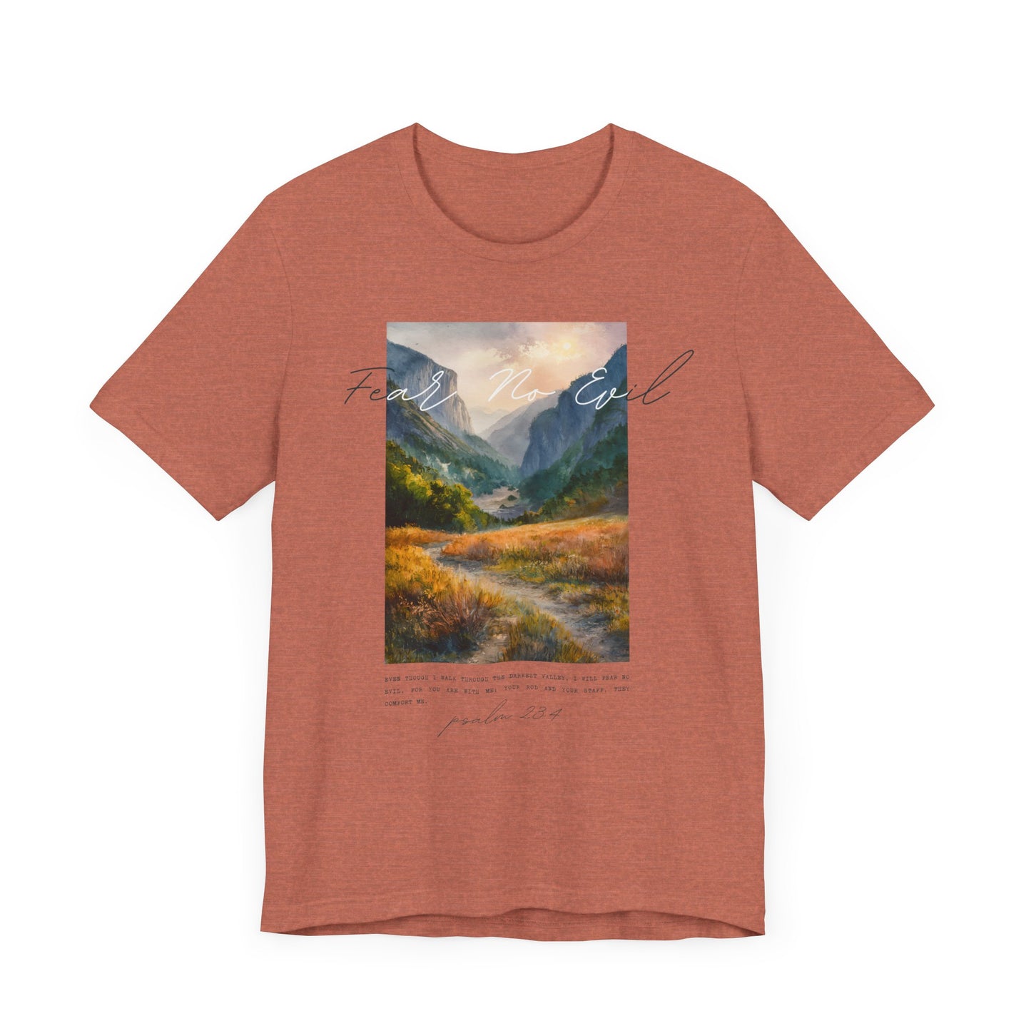 "Fear No Evil" Christian Tee | Psalm 23:4 Inspirational Shirt | Faith-Based Landscape Graphic Tee