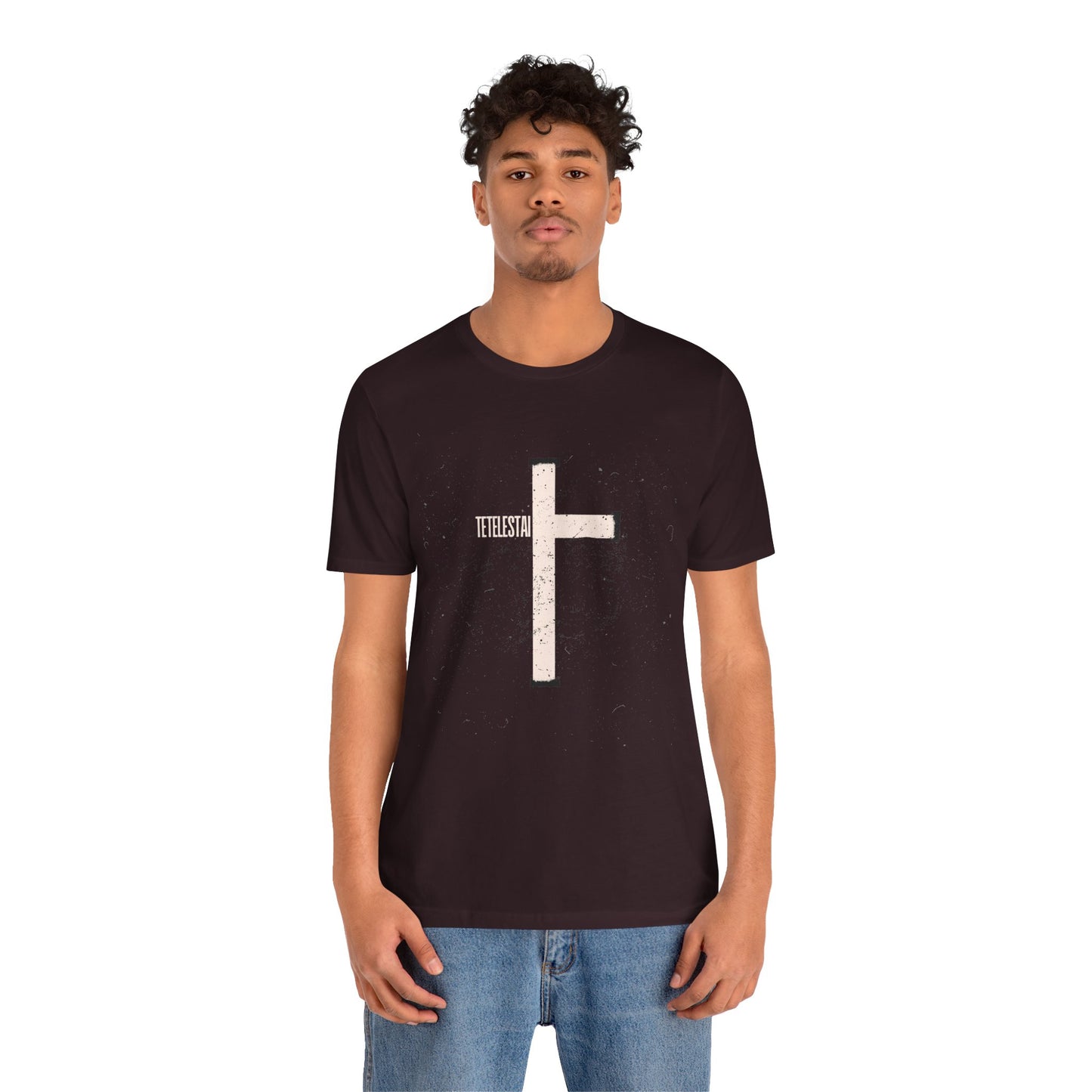 "Tetelestai" Distressed Cross Tee – Faith Worn Boldly