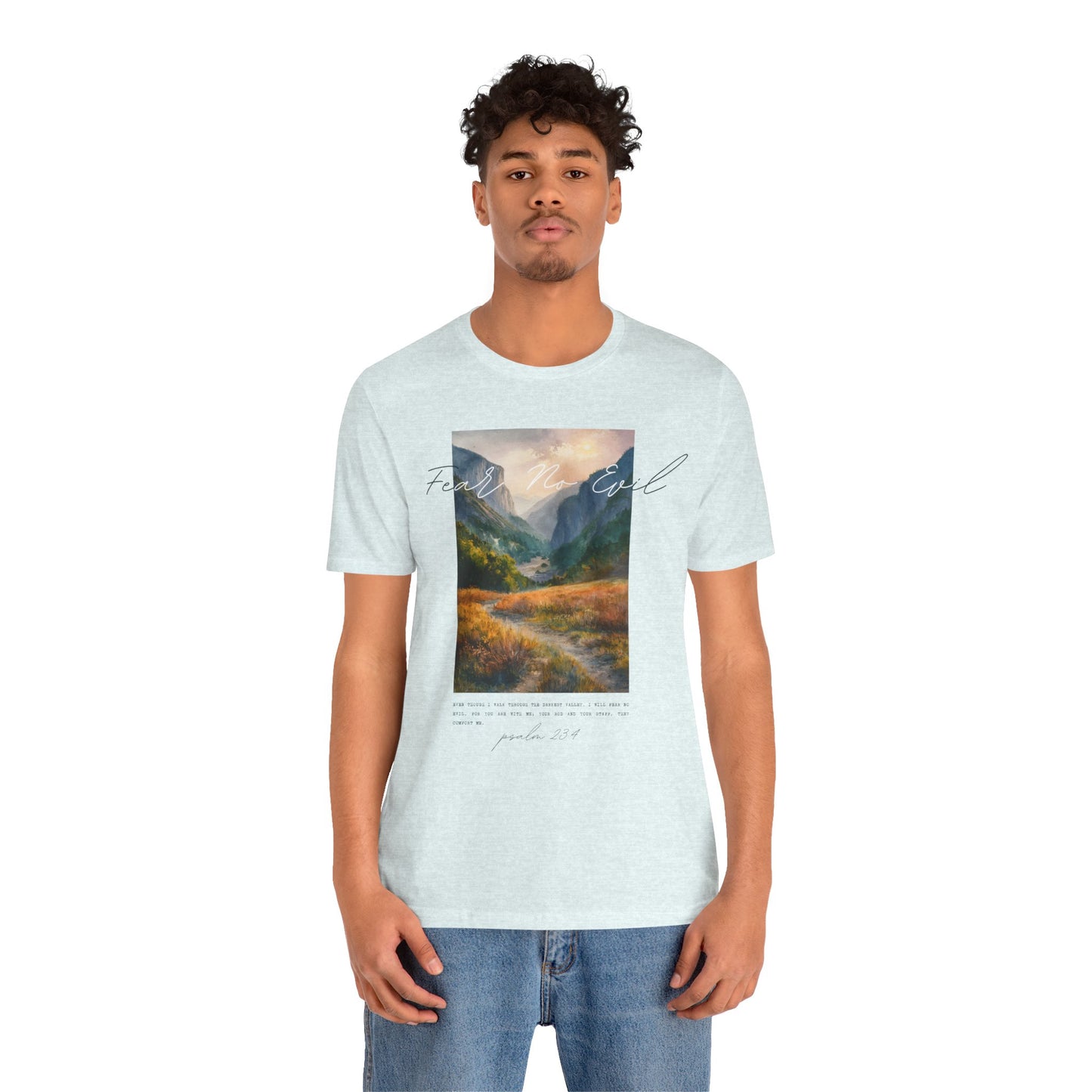 "Fear No Evil" Christian Tee | Psalm 23:4 Inspirational Shirt | Faith-Based Landscape Graphic Tee