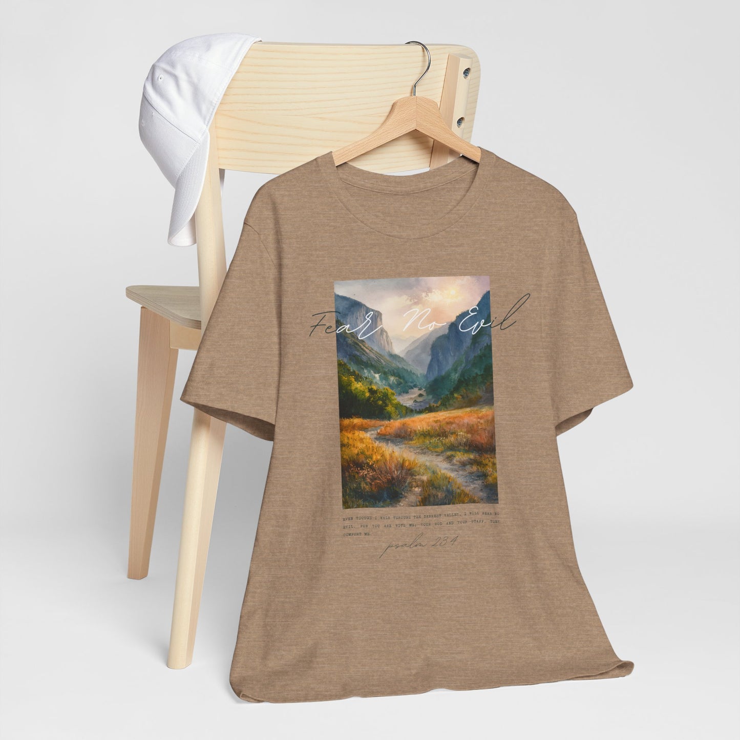 "Fear No Evil" Christian Tee | Psalm 23:4 Inspirational Shirt | Faith-Based Landscape Graphic Tee