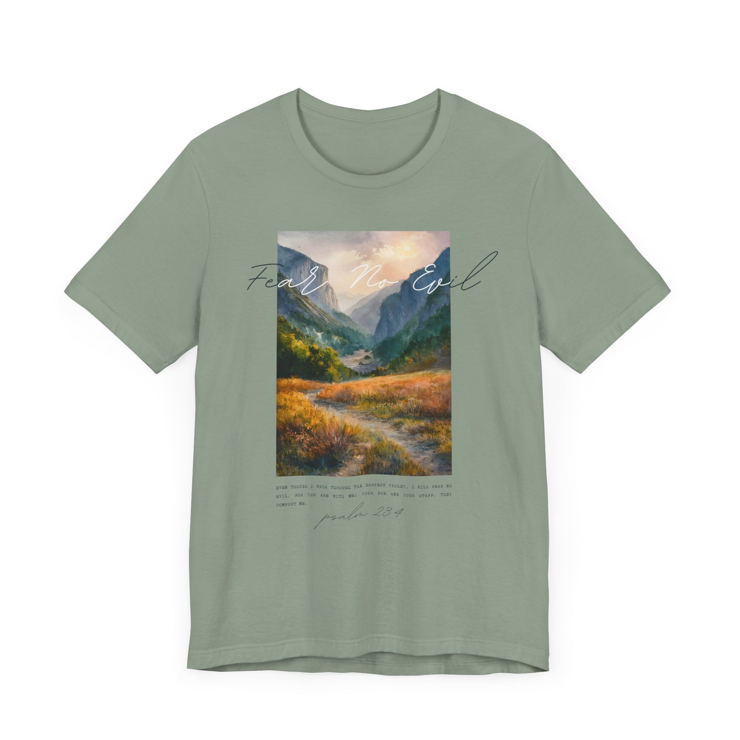 "Fear No Evil" Christian Tee | Psalm 23:4 Inspirational Shirt | Faith-Based Landscape Graphic Tee