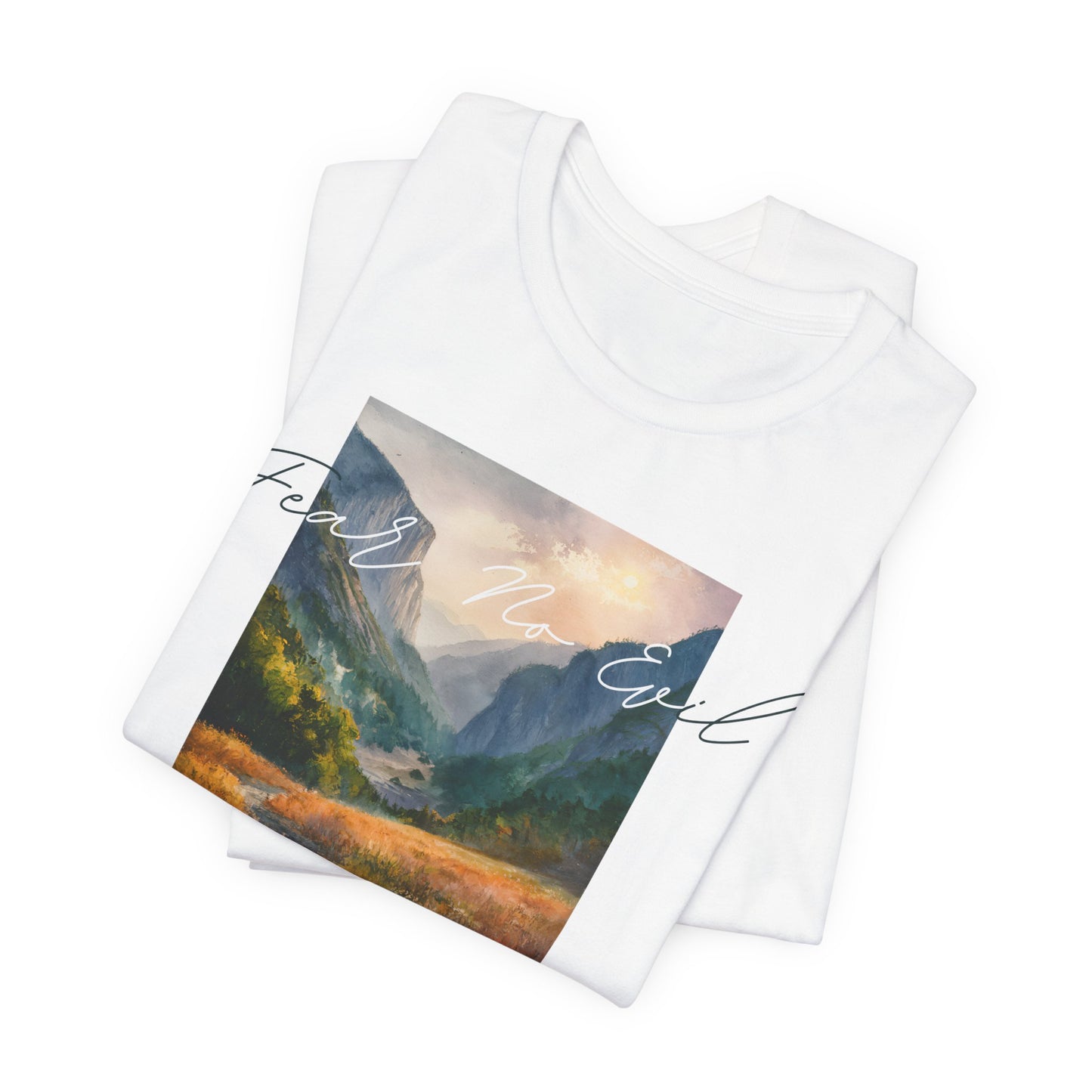 "Fear No Evil" Christian Tee | Psalm 23:4 Inspirational Shirt | Faith-Based Landscape Graphic Tee