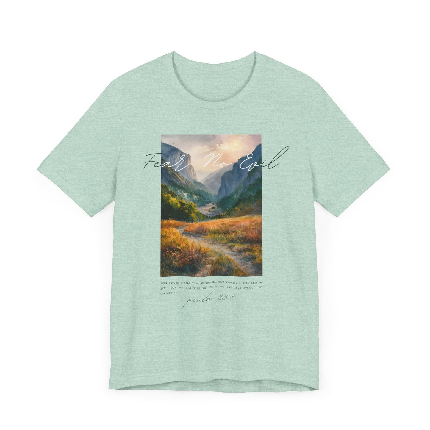 "Fear No Evil" Christian Tee | Psalm 23:4 Inspirational Shirt | Faith-Based Landscape Graphic Tee