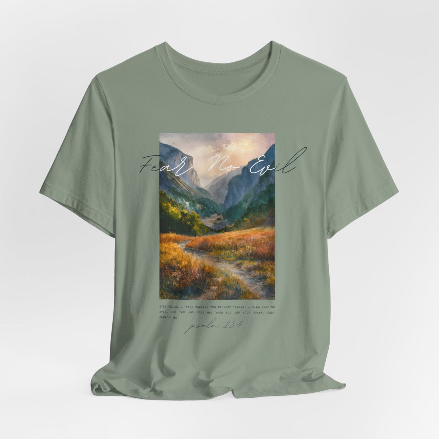 "Fear No Evil" Christian Tee | Psalm 23:4 Inspirational Shirt | Faith-Based Landscape Graphic Tee