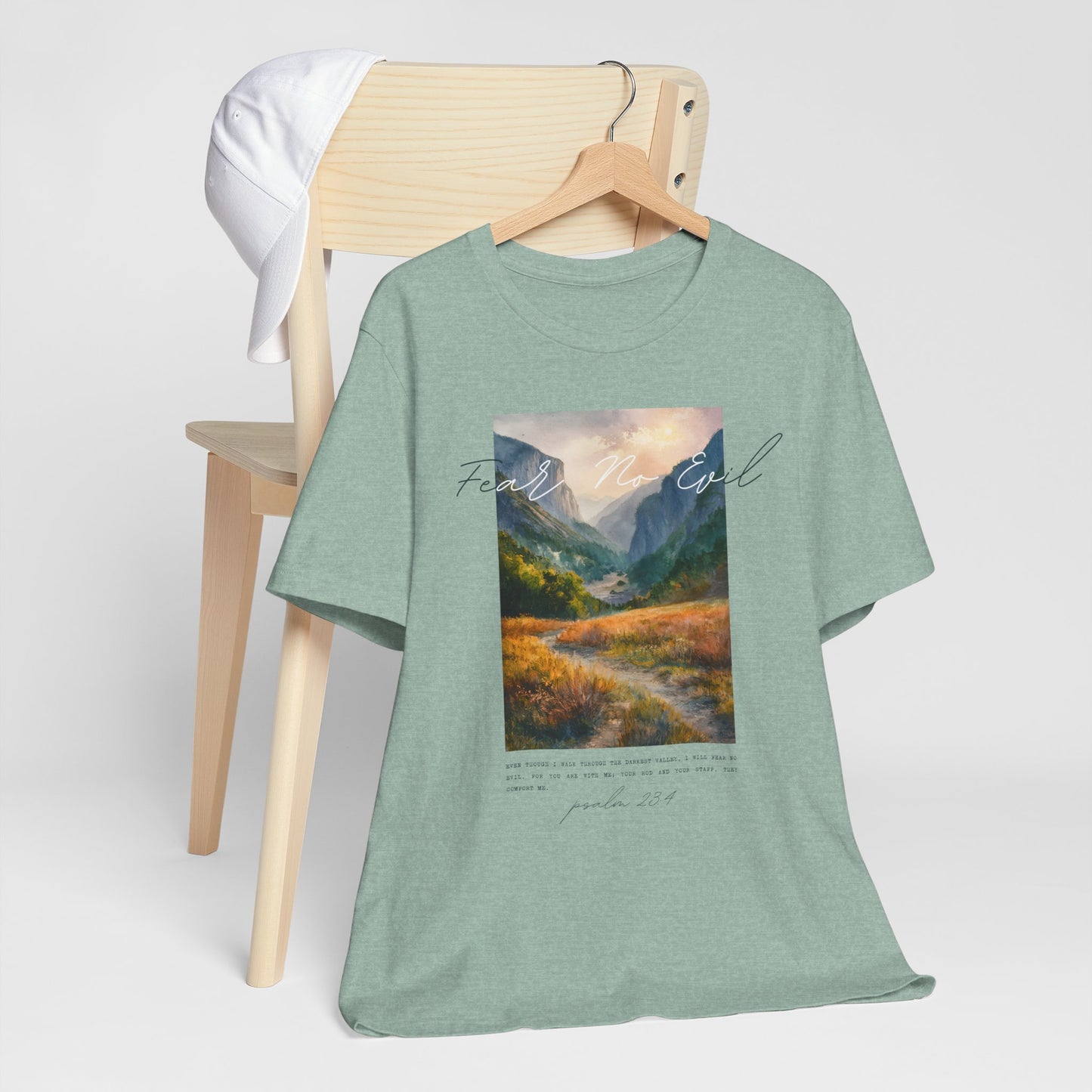 "Fear No Evil" Christian Tee | Psalm 23:4 Inspirational Shirt | Faith-Based Landscape Graphic Tee