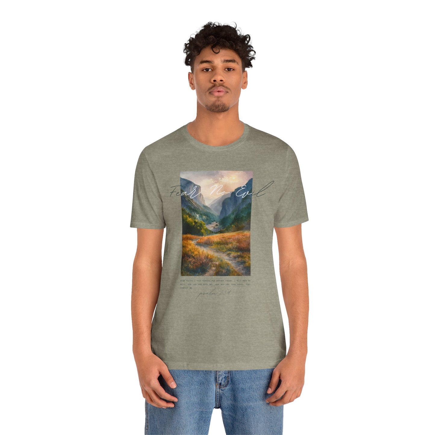 "Fear No Evil" Christian Tee | Psalm 23:4 Inspirational Shirt | Faith-Based Landscape Graphic Tee