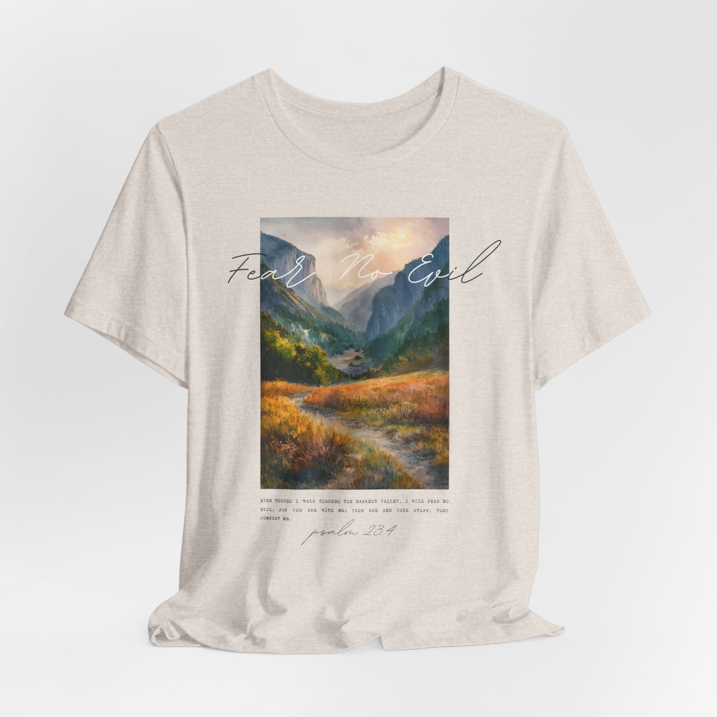 "Fear No Evil" Christian Tee | Psalm 23:4 Inspirational Shirt | Faith-Based Landscape Graphic Tee