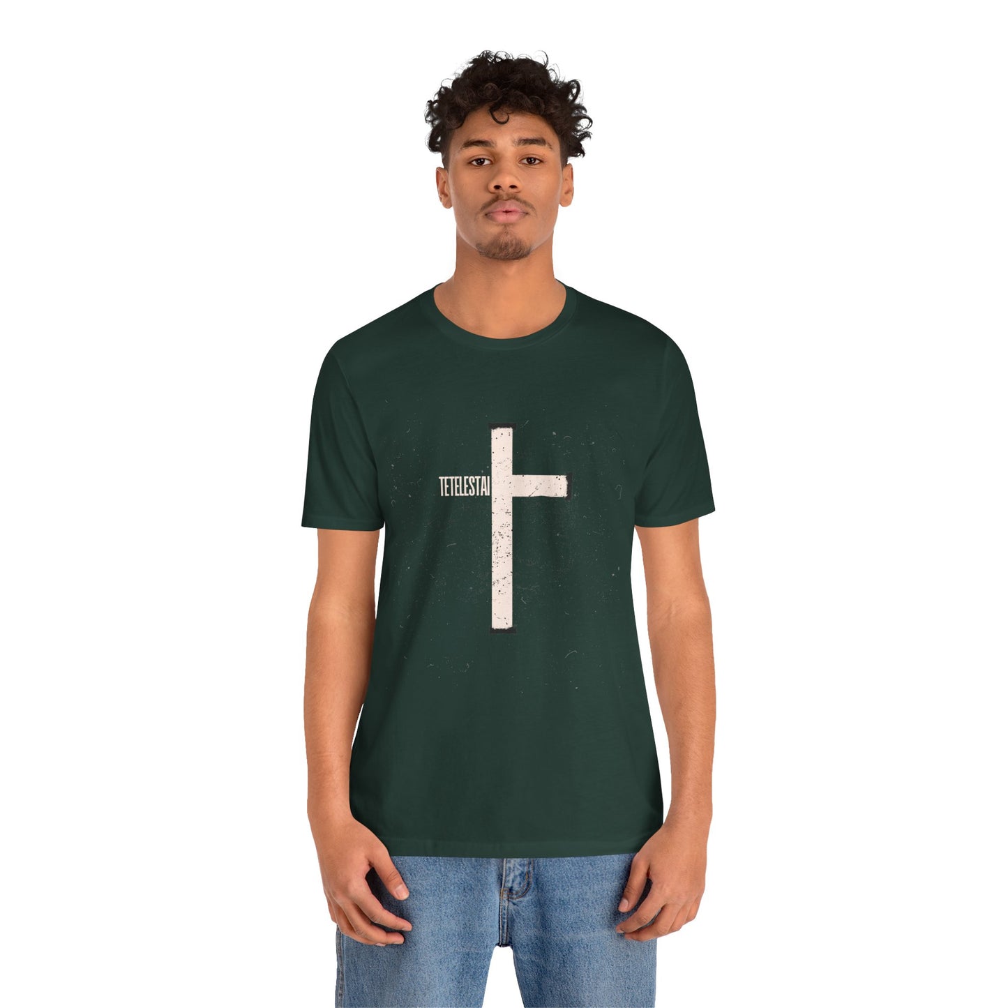 "Tetelestai" Distressed Cross Tee – Faith Worn Boldly