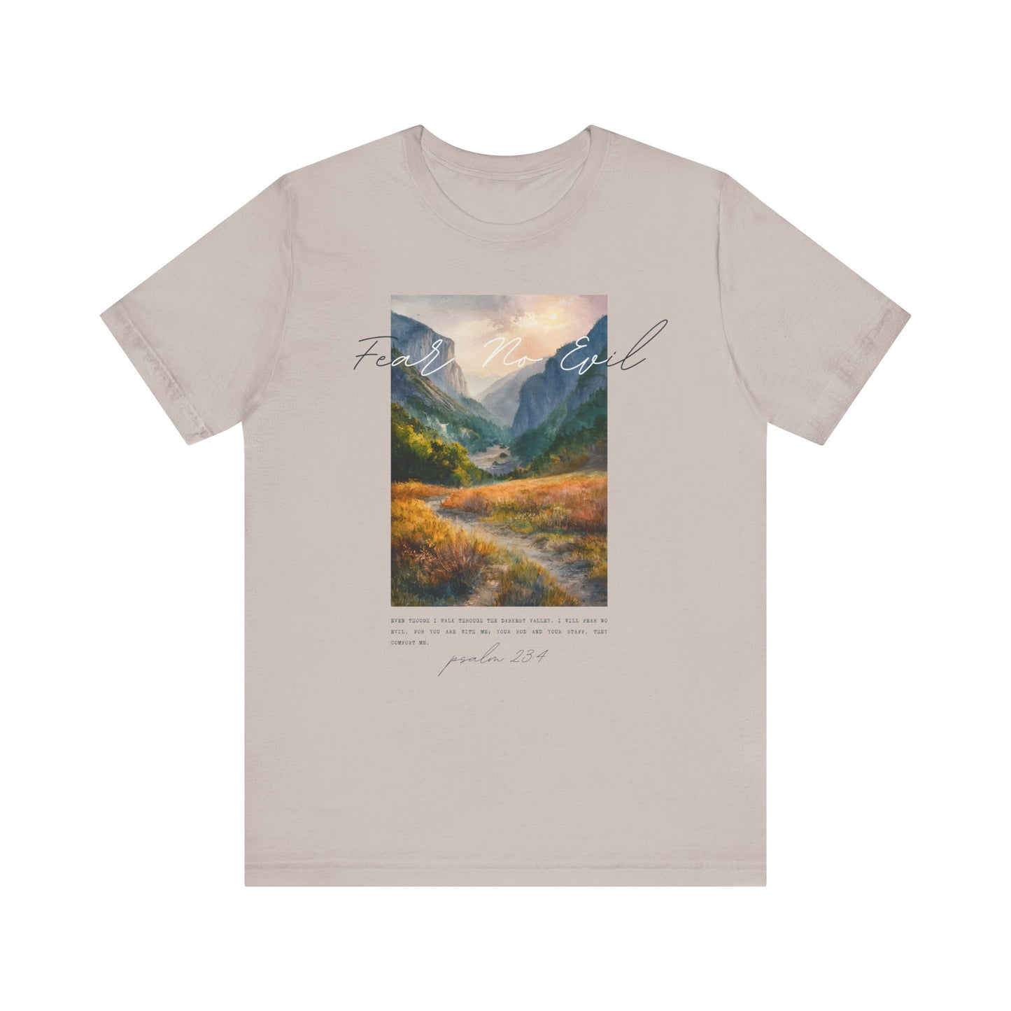 "Fear No Evil" Christian Tee | Psalm 23:4 Inspirational Shirt | Faith-Based Landscape Graphic Tee