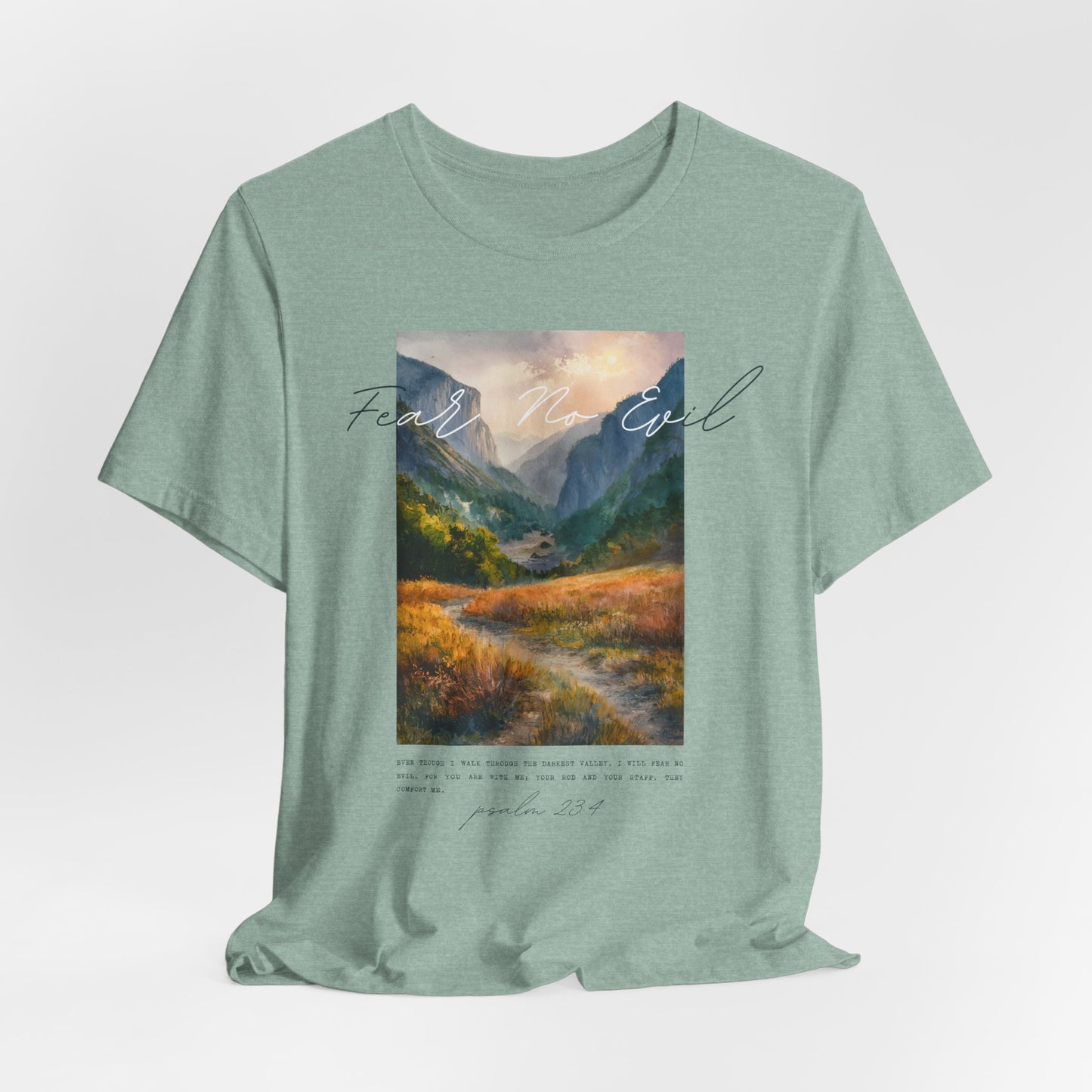 "Fear No Evil" Christian Tee | Psalm 23:4 Inspirational Shirt | Faith-Based Landscape Graphic Tee