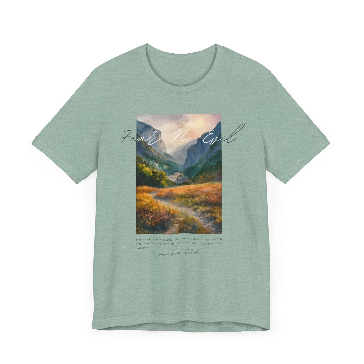 "Fear No Evil" Christian Tee | Psalm 23:4 Inspirational Shirt | Faith-Based Landscape Graphic Tee