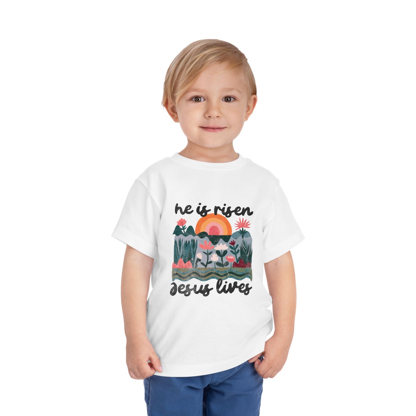 Toddler Short Sleeve Tee - "He is Risen, Jesus Lives" Inspirational Design