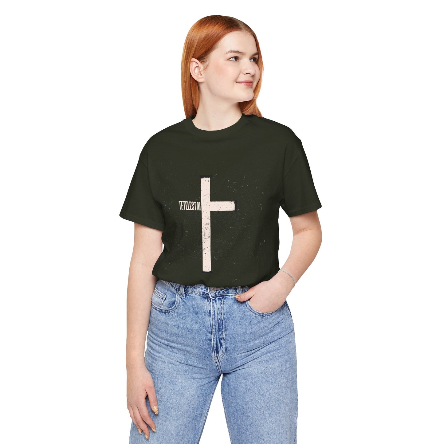 "Tetelestai" Distressed Cross Tee – Faith Worn Boldly