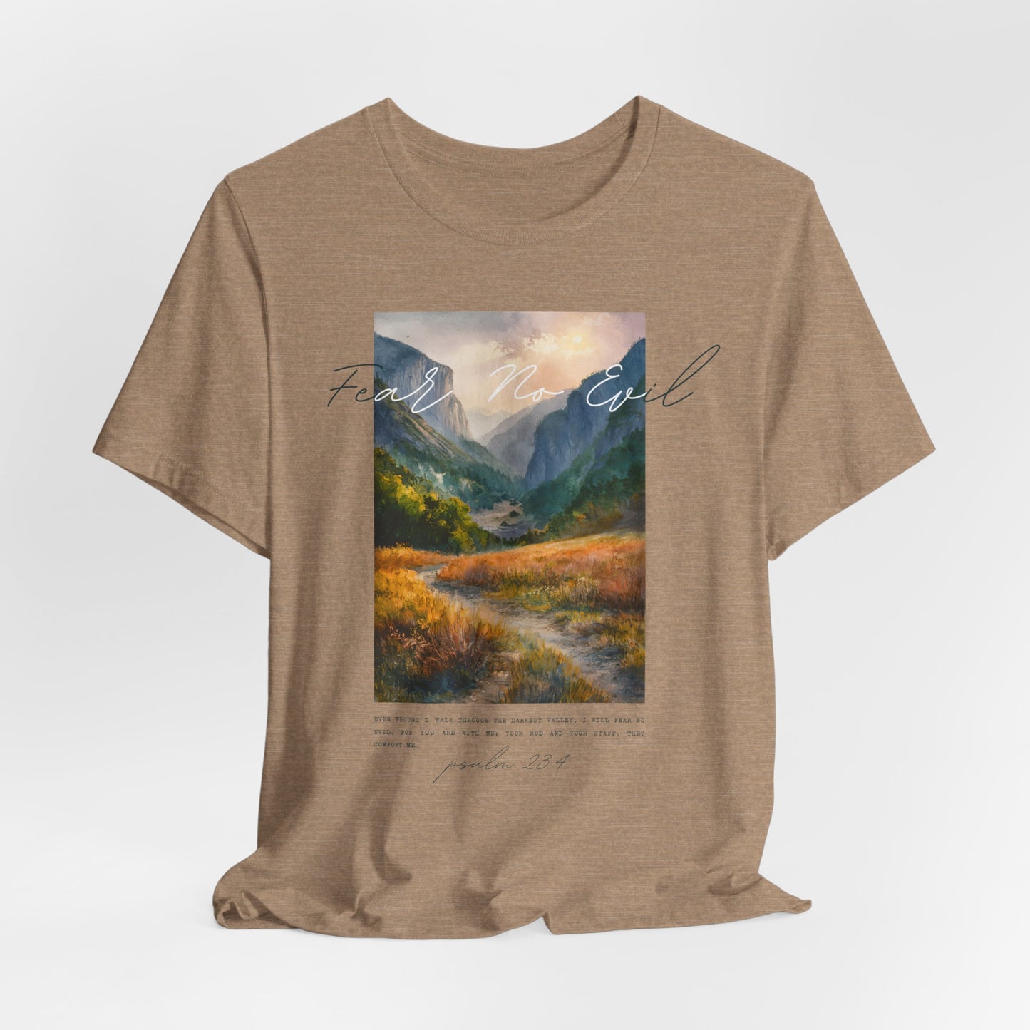 "Fear No Evil" Christian Tee | Psalm 23:4 Inspirational Shirt | Faith-Based Landscape Graphic Tee