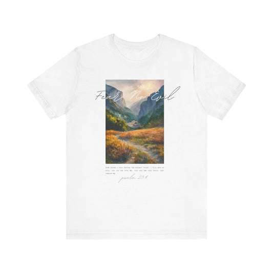 "Fear No Evil" Christian Tee | Psalm 23:4 Inspirational Shirt | Faith-Based Landscape Graphic Tee